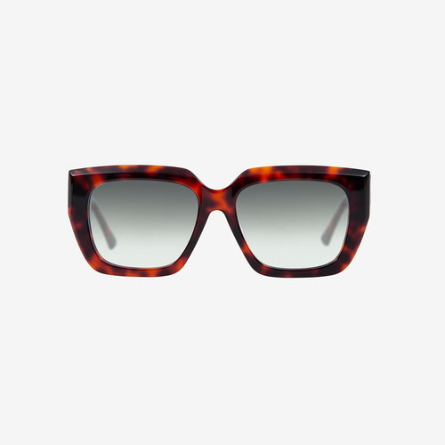 Tortoiseshell sunglasses with a thick frame and grey lenses rest against a white background.