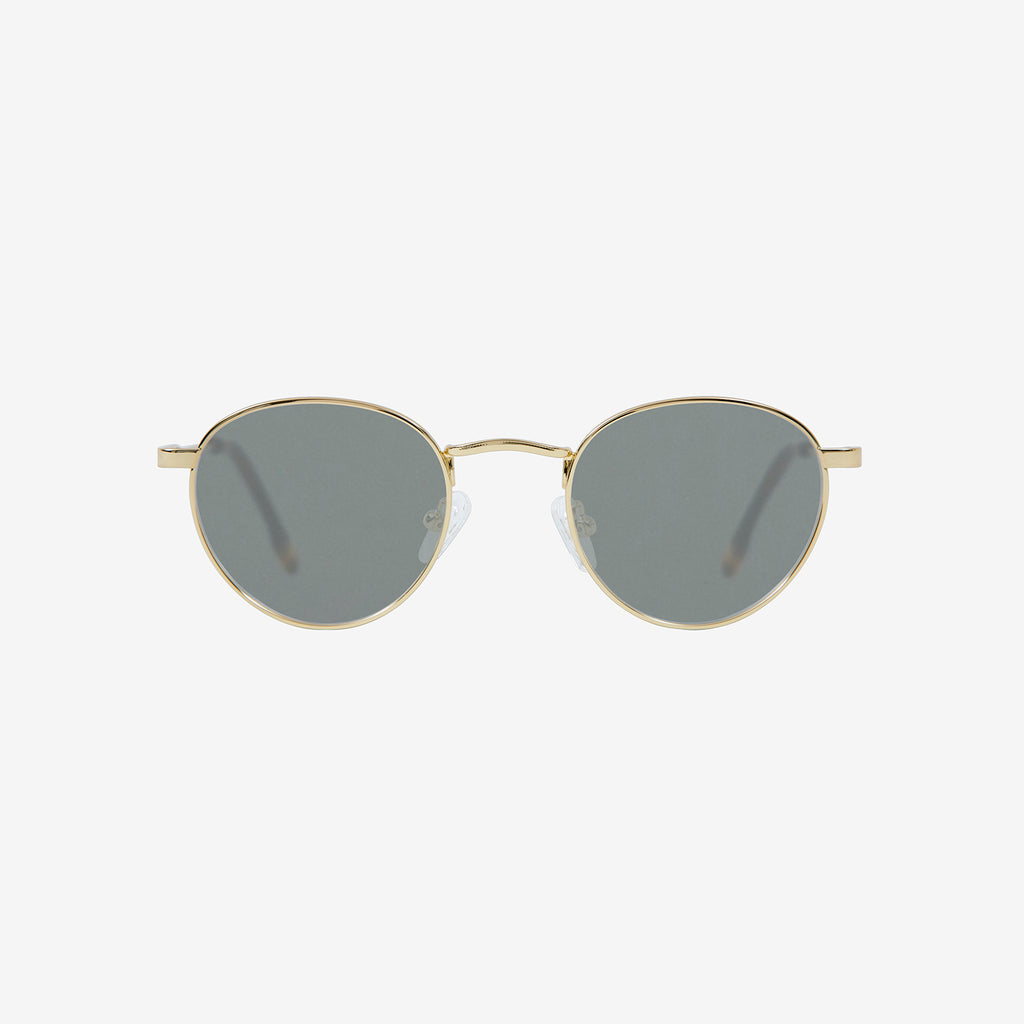 Small round metal sunglasses with green lenses.
