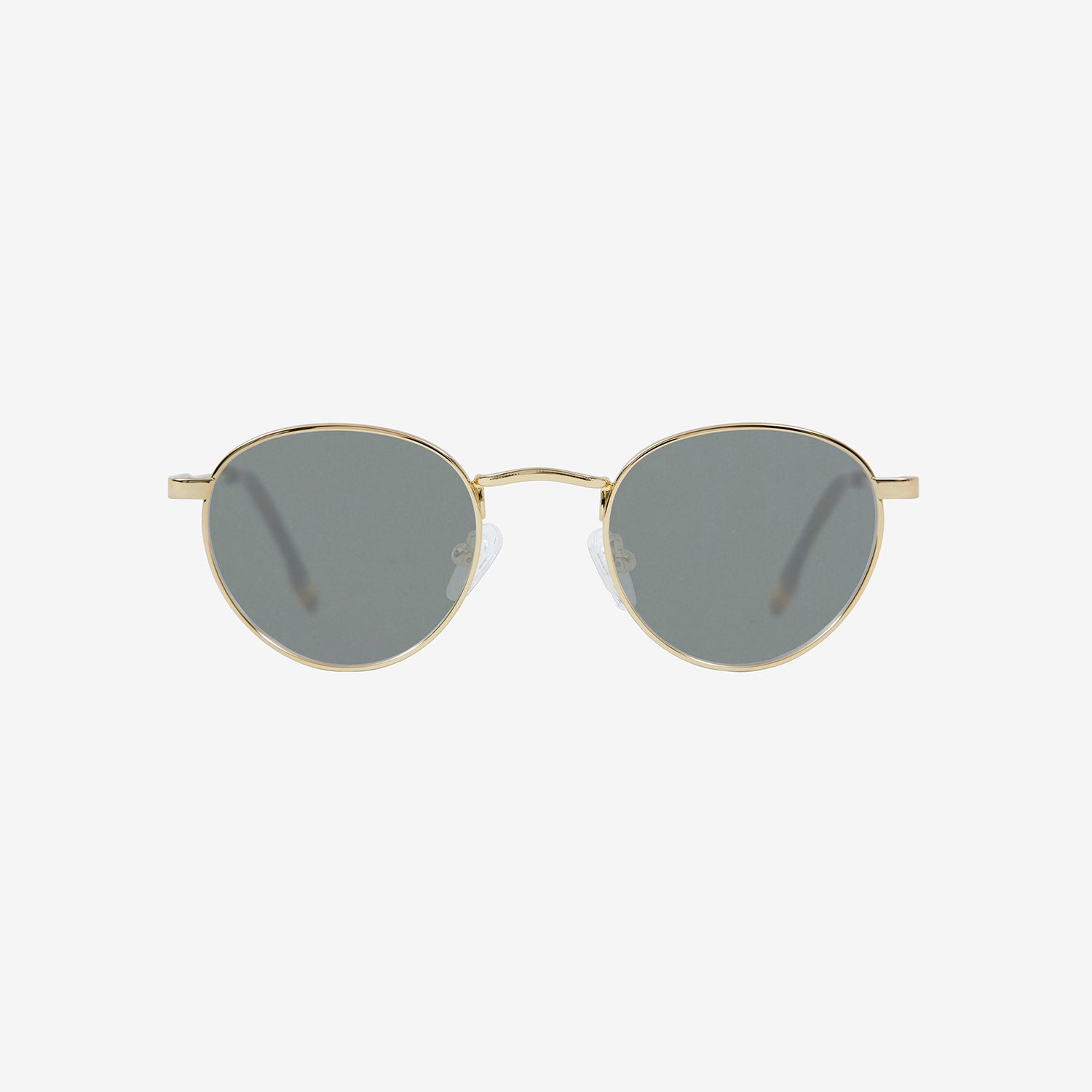 Small round metal sunglasses with green lenses.