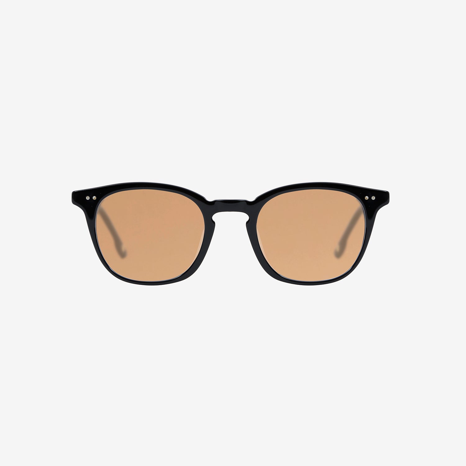 A pair of squared, black-framed sunglasses features light brown lenses.