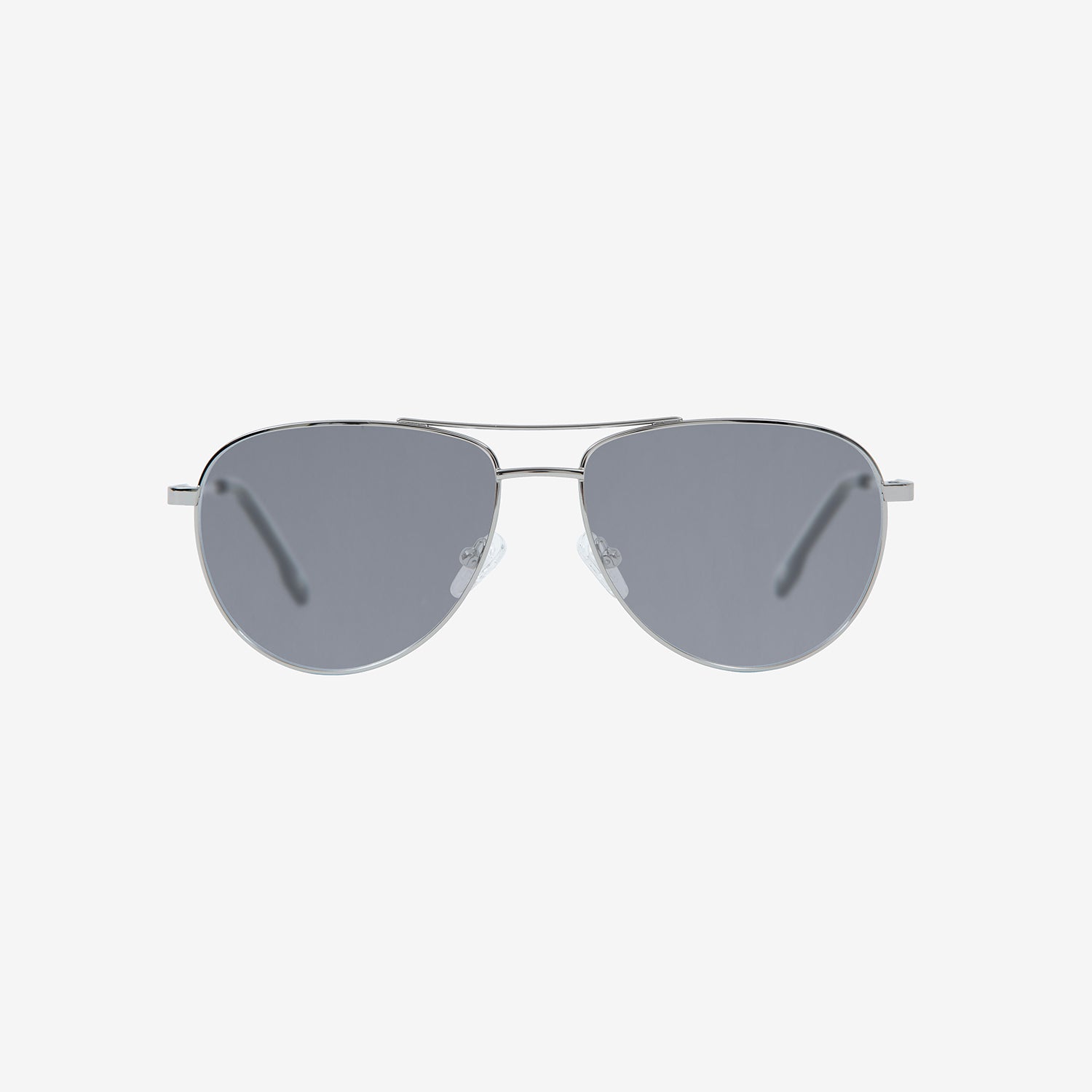 Aviator style sunglasses, silver frame with grey lenses.