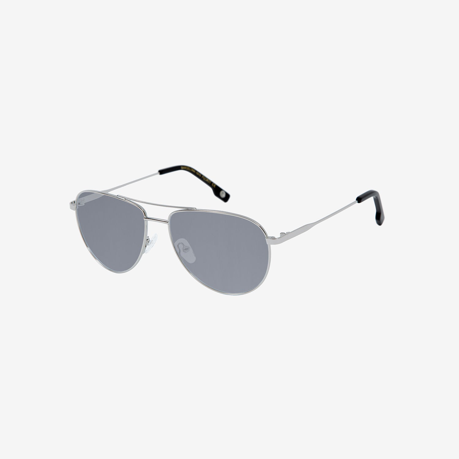 Displaying silver aviator sun glasses with grey lenses.