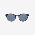 Small round black frame with blue lenses.