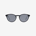 Small round black frame with gray lenses.